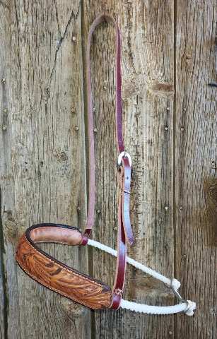 Two Toned Brown Custom Hand Tooled Double Rope Leather Wrapped Noseband