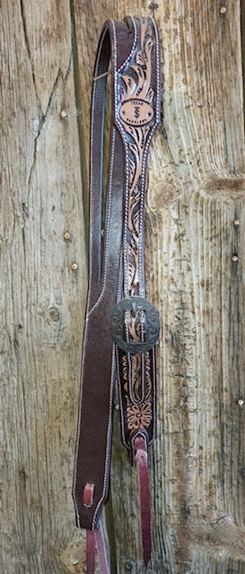 Two Toned Brown Hand Tooled Slit Ear Headstall with Custom Trey Jackson Buckle