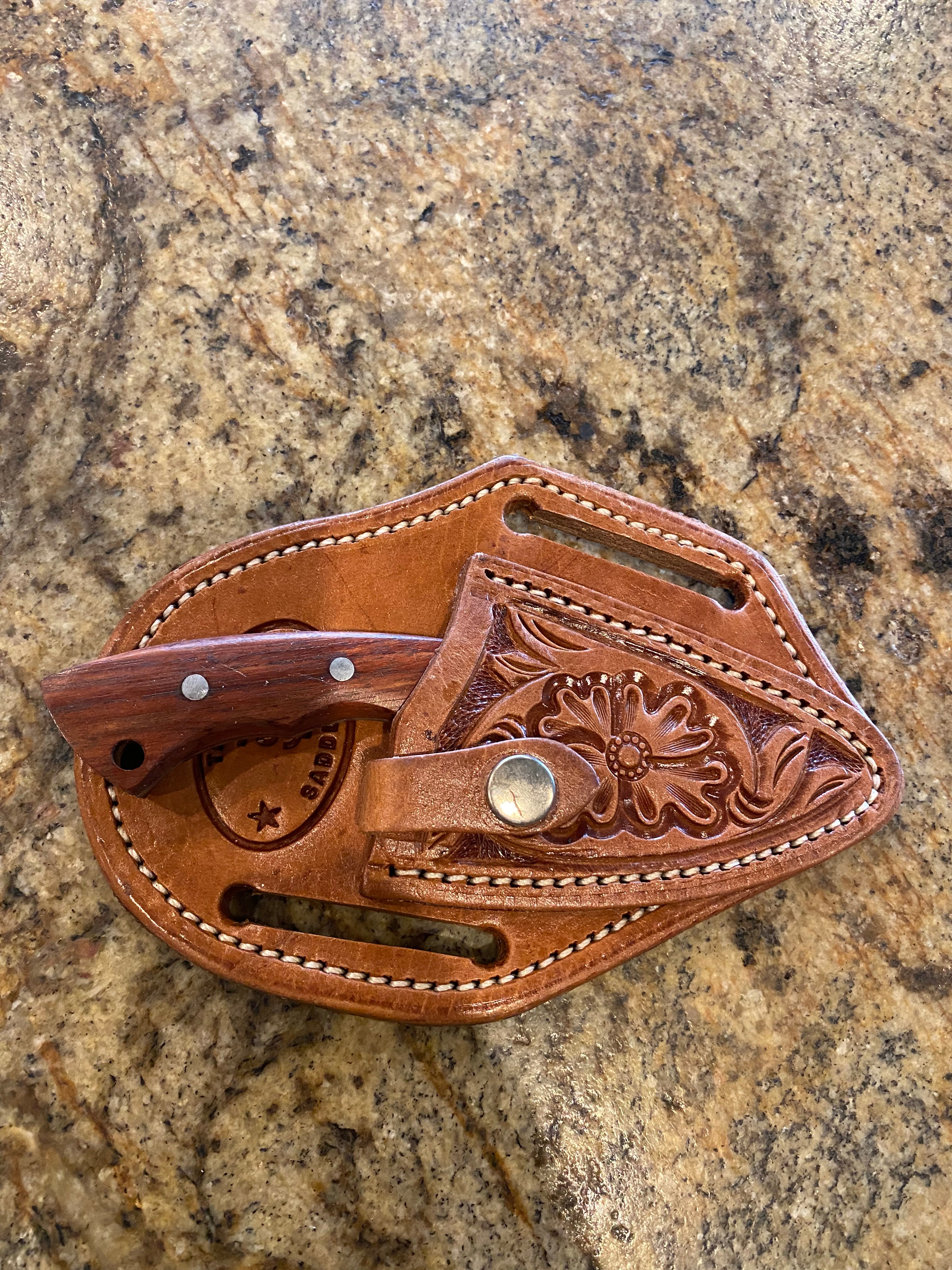 Leather Pocket Knife Sheath with Western Flower Design and Antique Spot