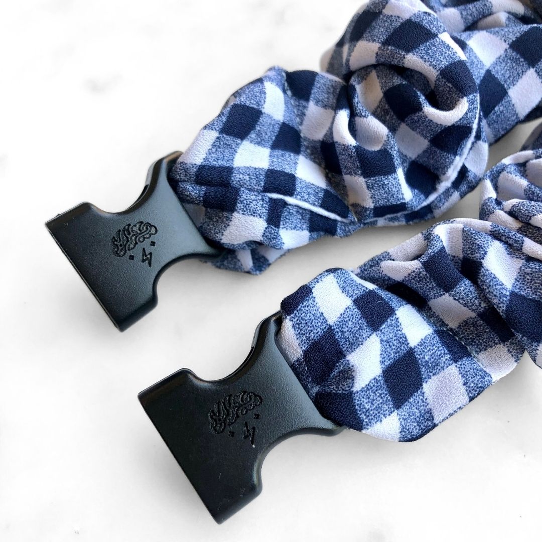 Gingham Navy Buckle Scrunchie - No Snagging, No Tangles