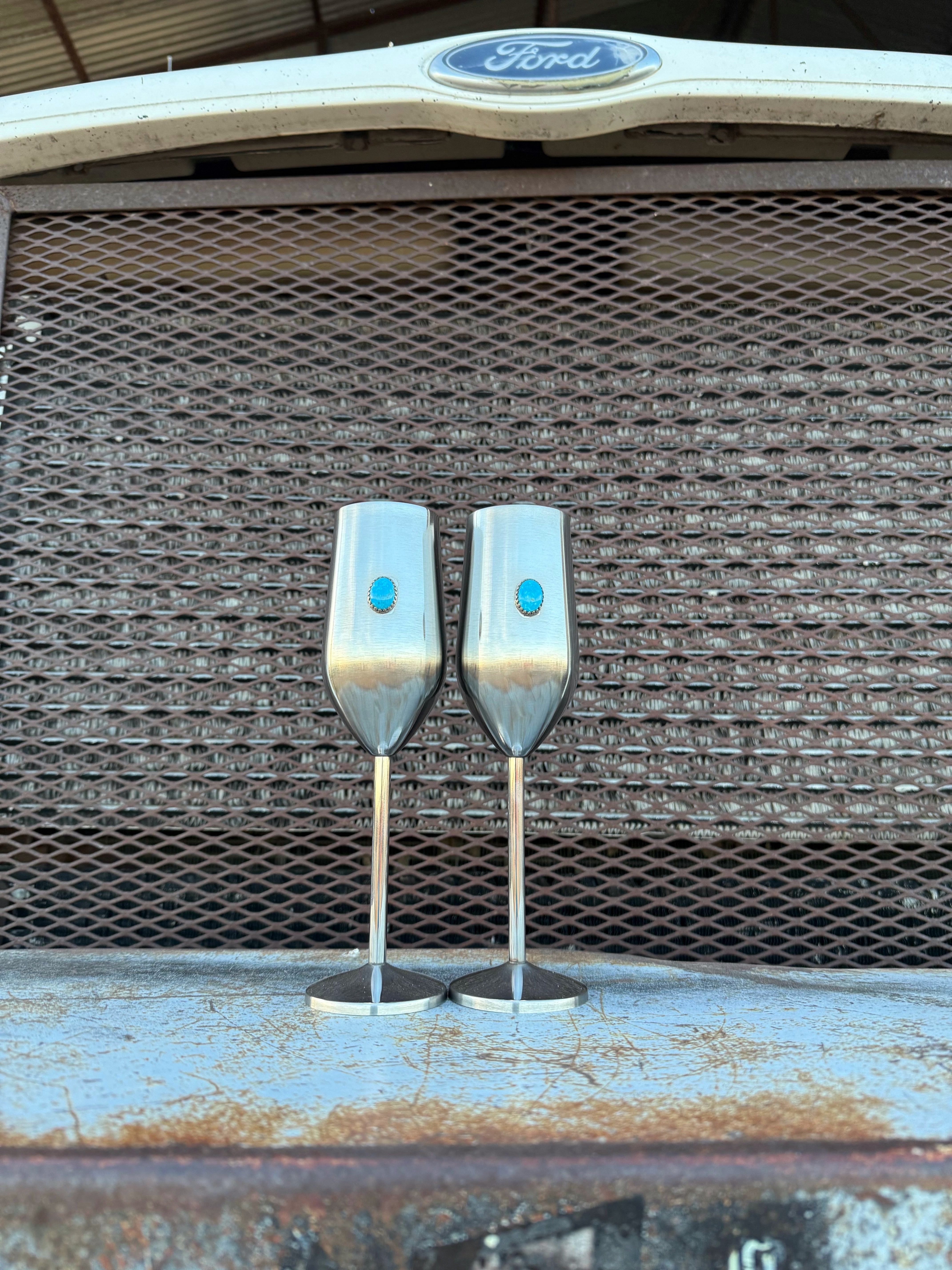 Kingman Turquoise Wedding Flutes - Genuine Turquoise Champagne Glasses (Ready to Ship)