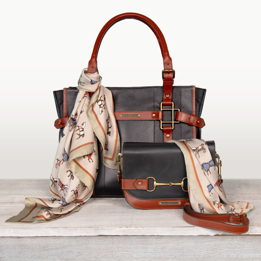 Saratoga- Horse Bit Crossbody Luxury Leather Handbag in Cognac on Black