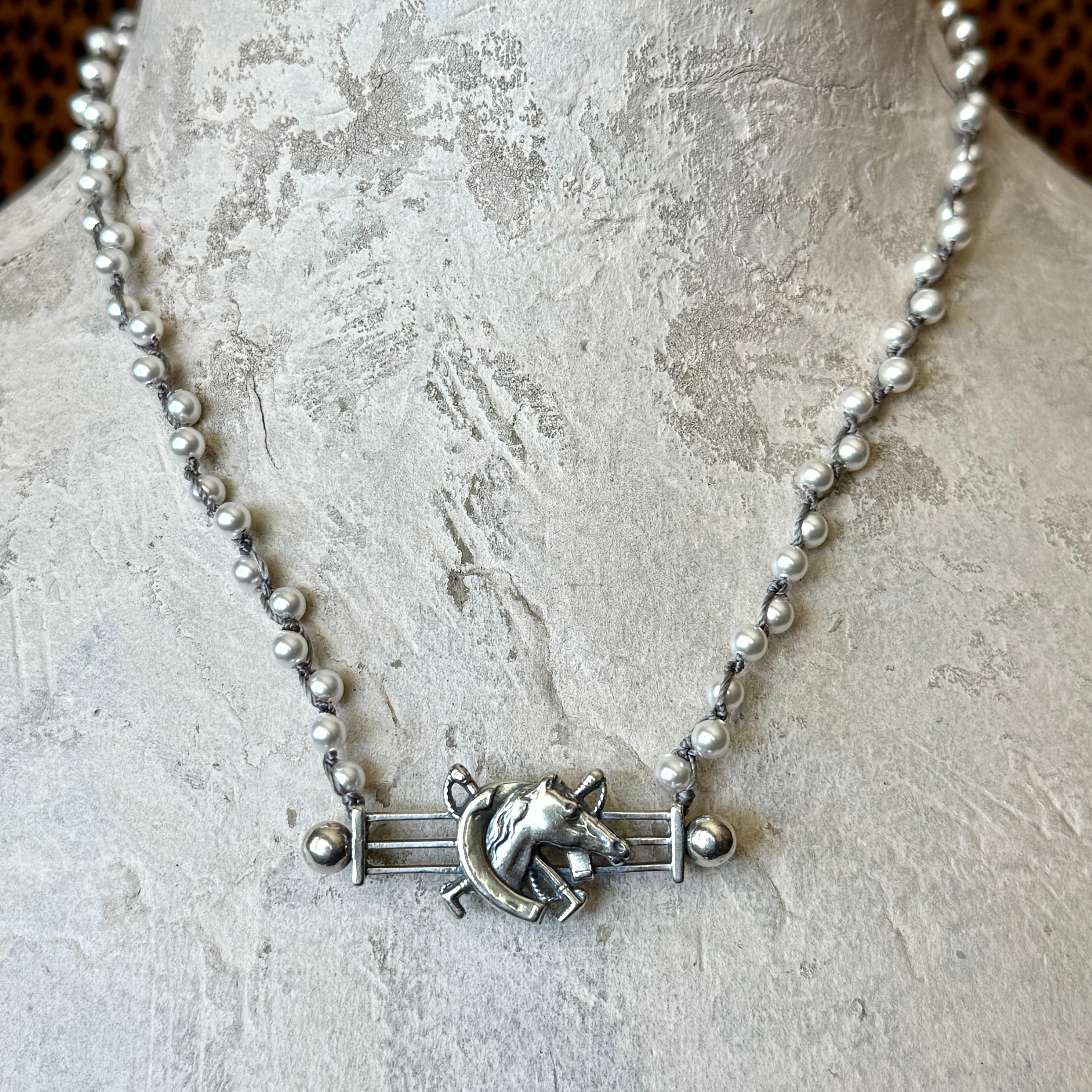 Sterling Gate Horse and Horseshoe on Pearls Necklace
