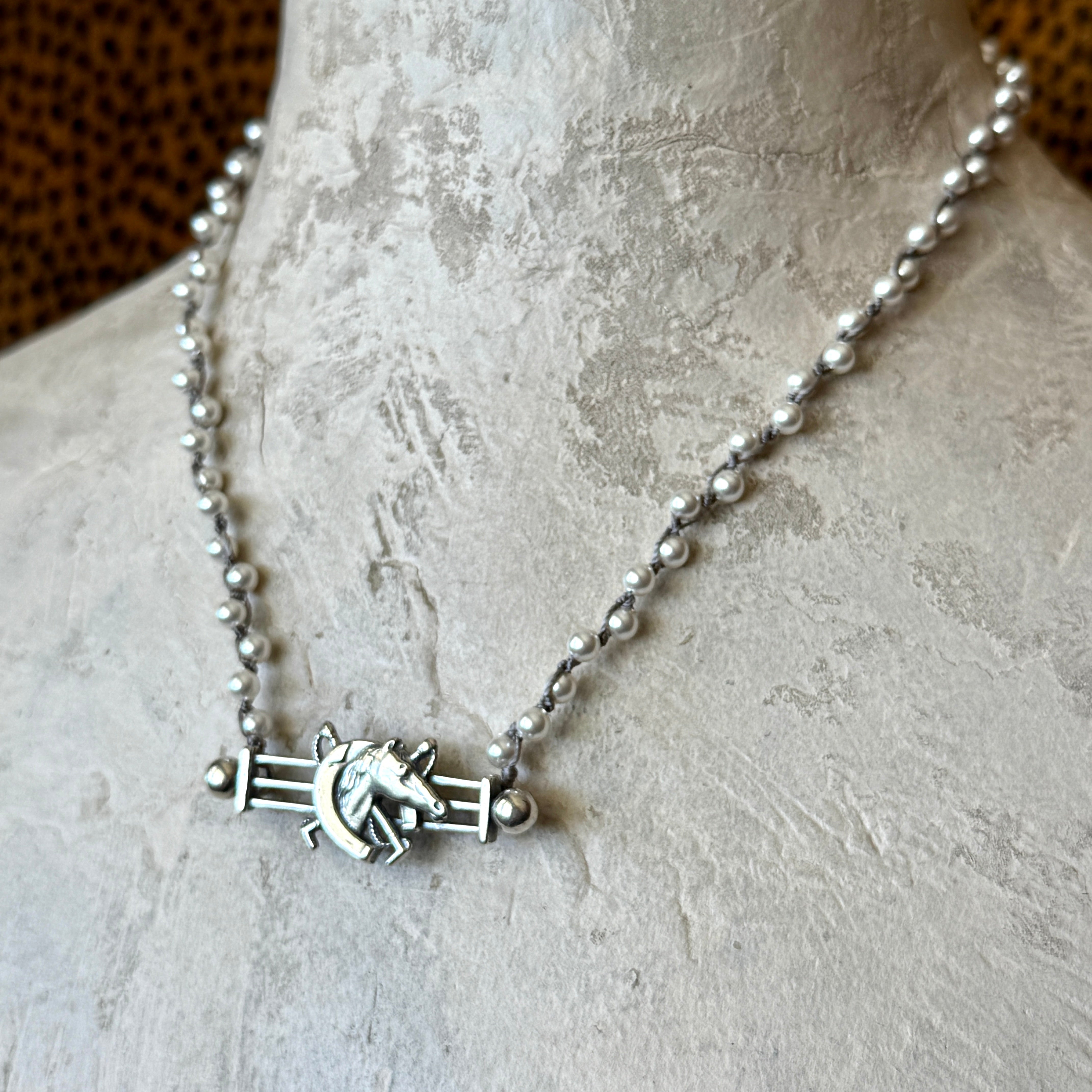 Sterling Gate Horse and Horseshoe on Pearls Necklace