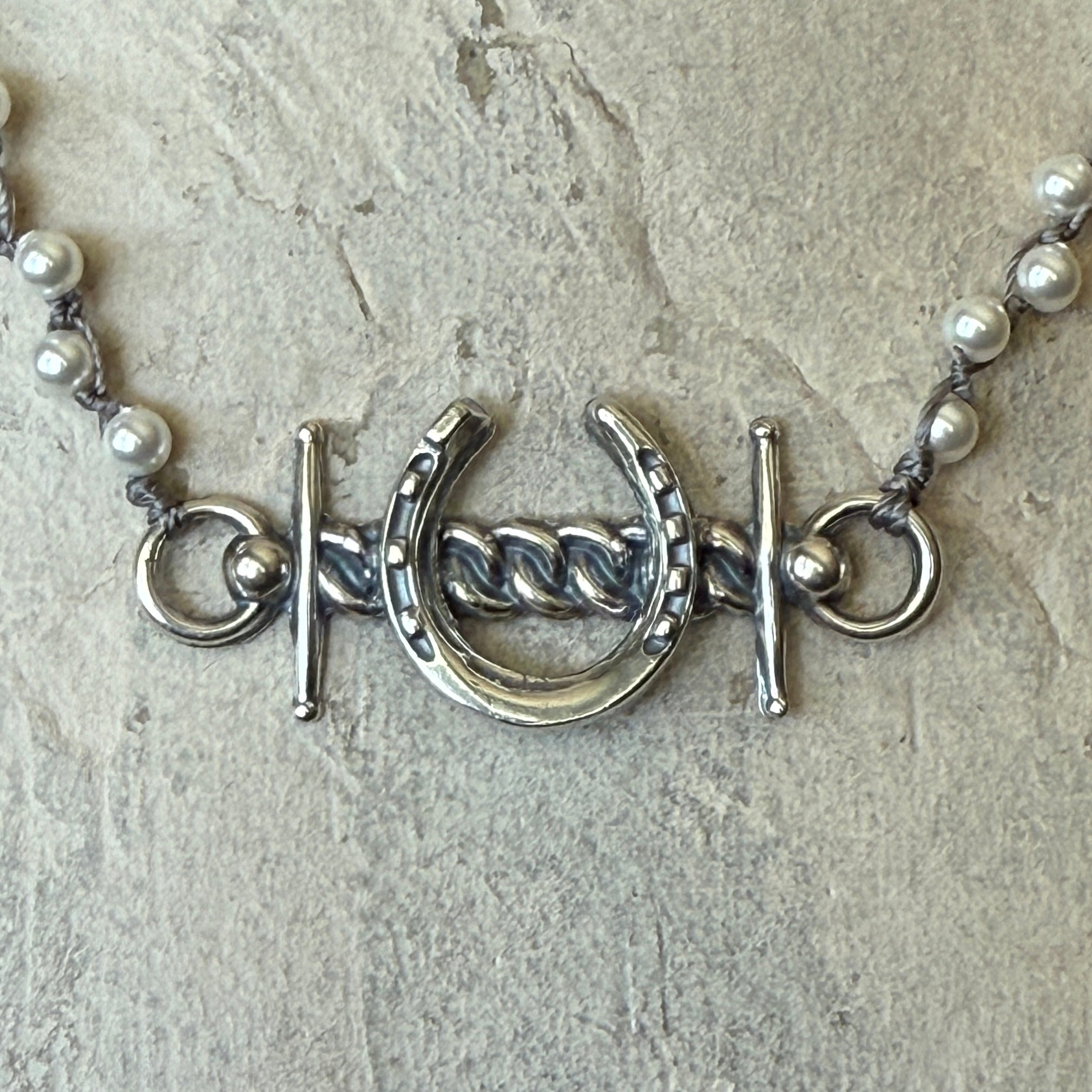Lucky Snaffle Bit and Horseshoe on Pearls Necklace