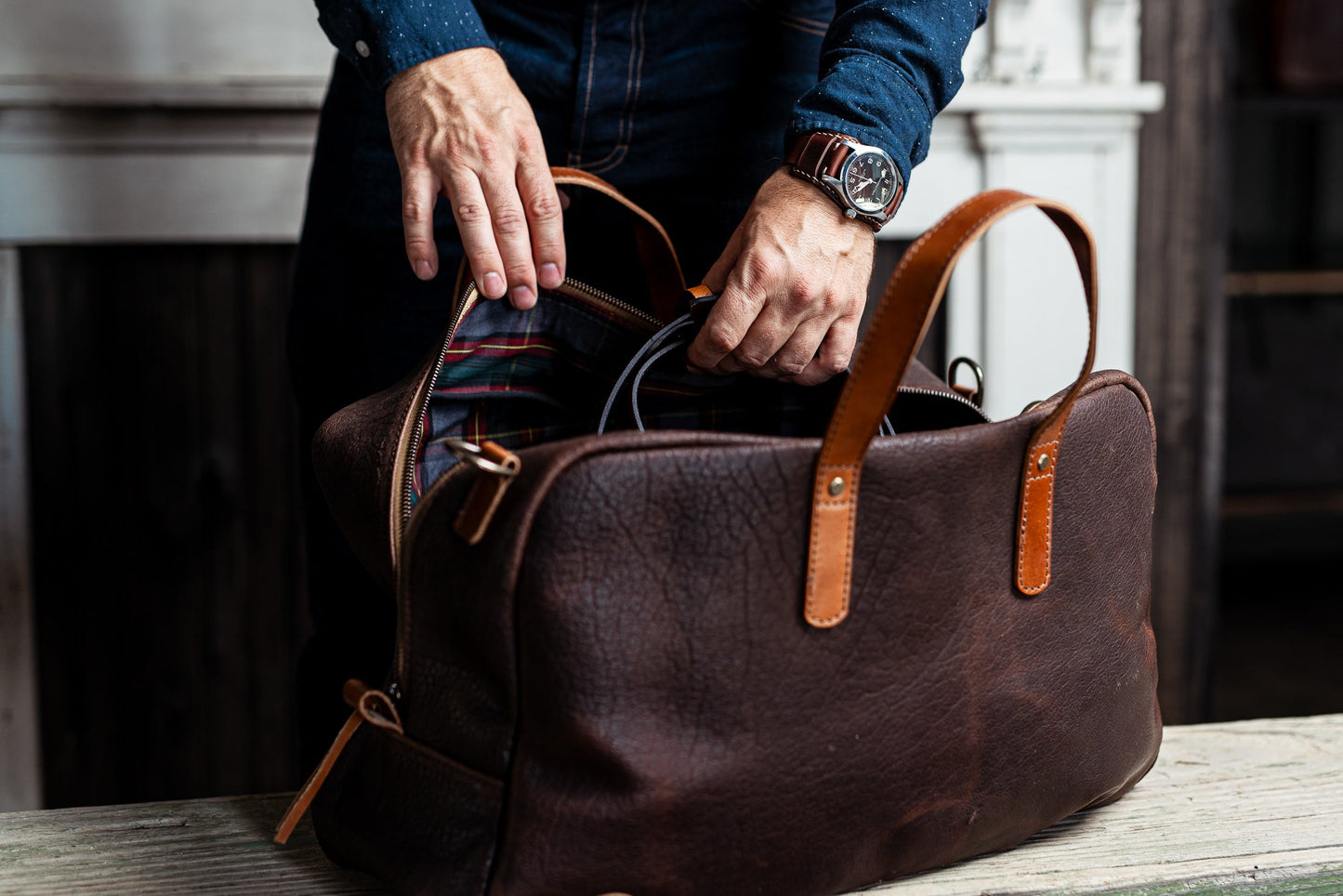 
                  
                    Jack Foster Weekender  | Dark Cognac Shrunken Bison
                  
                