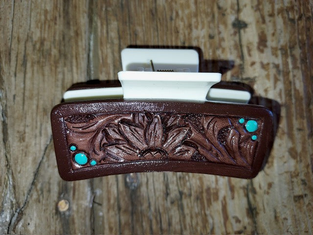 Leather Brown with Teal Hair Clip