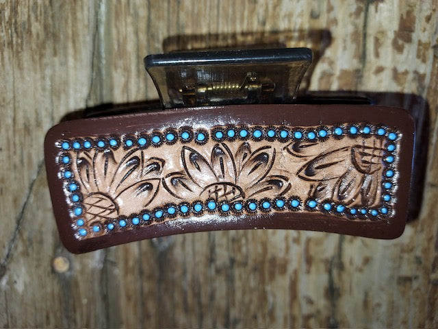 Leather Saddle Tan with Teal Hair Clip