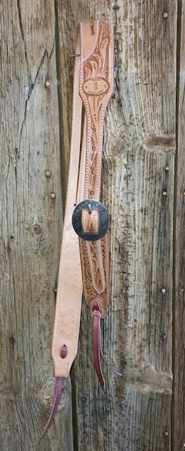 Saddle Tan Hand Tooled Slit Ear Headstall with Custom Trey Jackson Buckle
