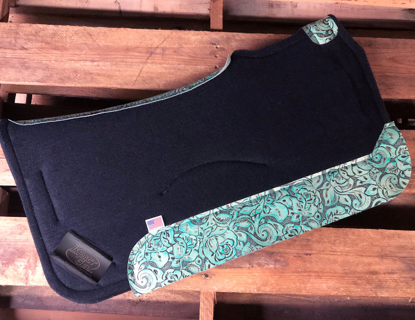 
                  
                    Contour Classic Saddle Pad- Black with Teal Floral Wear Leather
                  
                