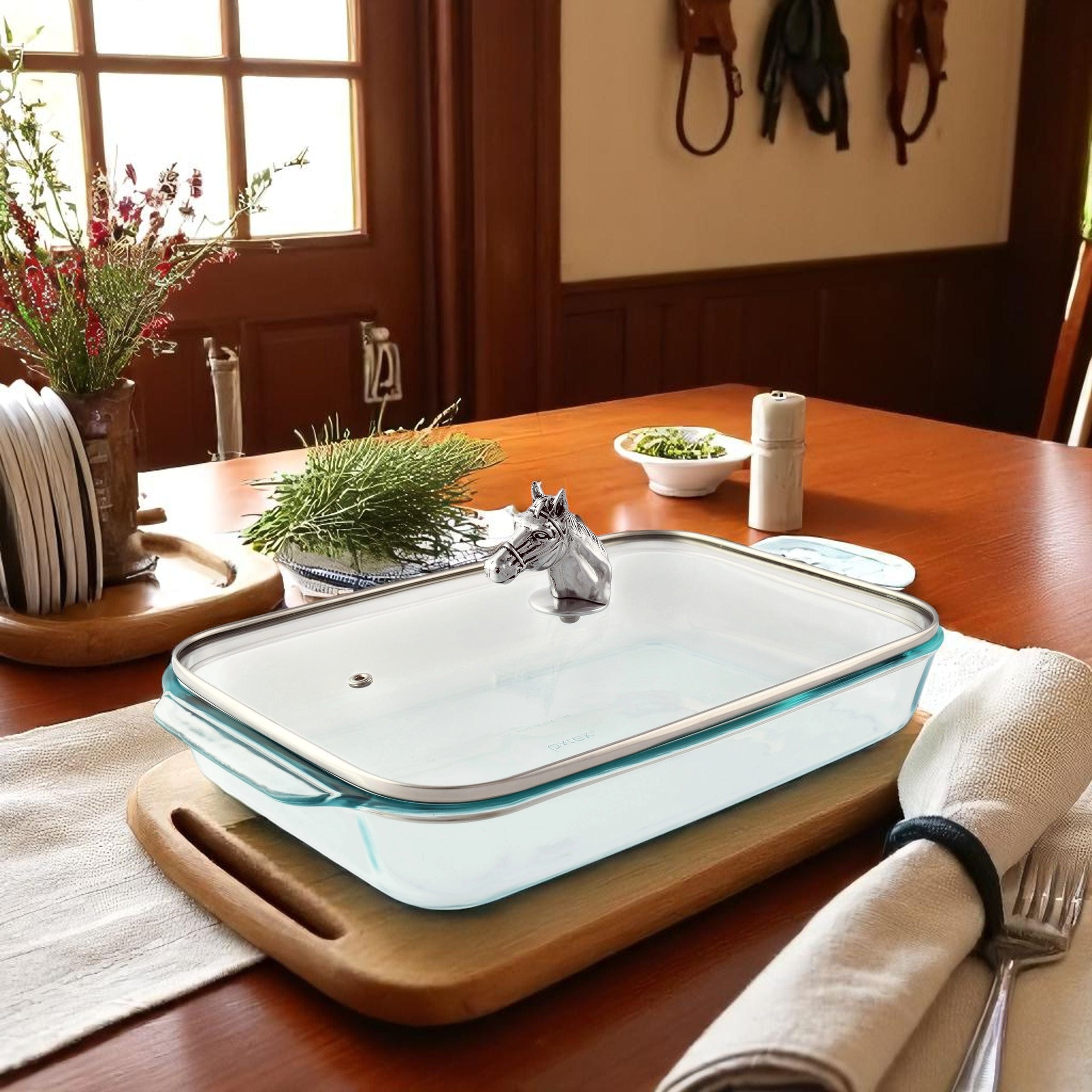 Horse Head with Pyrex 3 quart Baking Dish