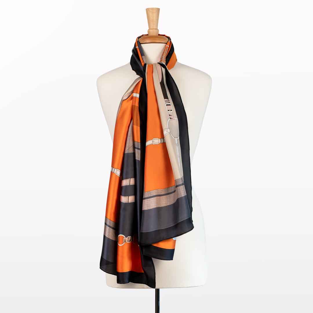 Celine - Stylized Equestrian Scarf in Tangerine and Deep Blue