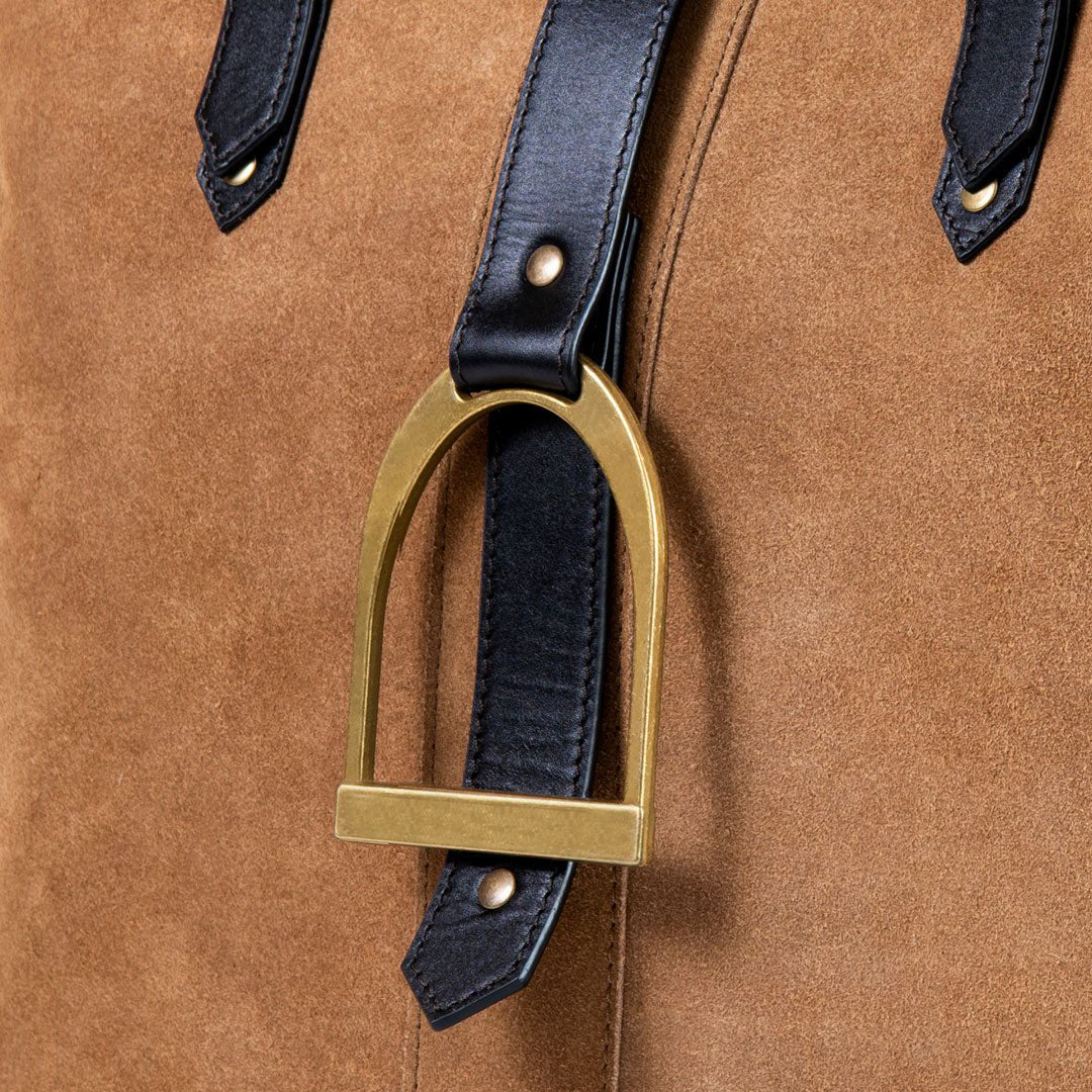 Signature - Riding Stirrup Tote Luxury Leather Handbag in Black on Chestnut