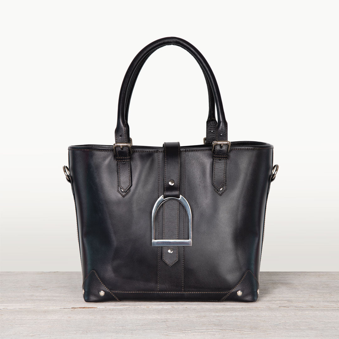 Signature - Riding Stirrup Tote Luxury Leather Handbag in Black