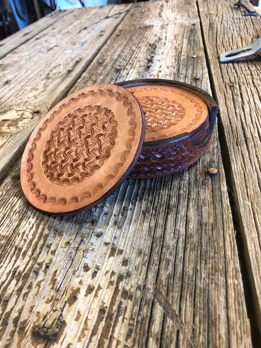 Coaster Set- Hand Stamped Leather Coasters