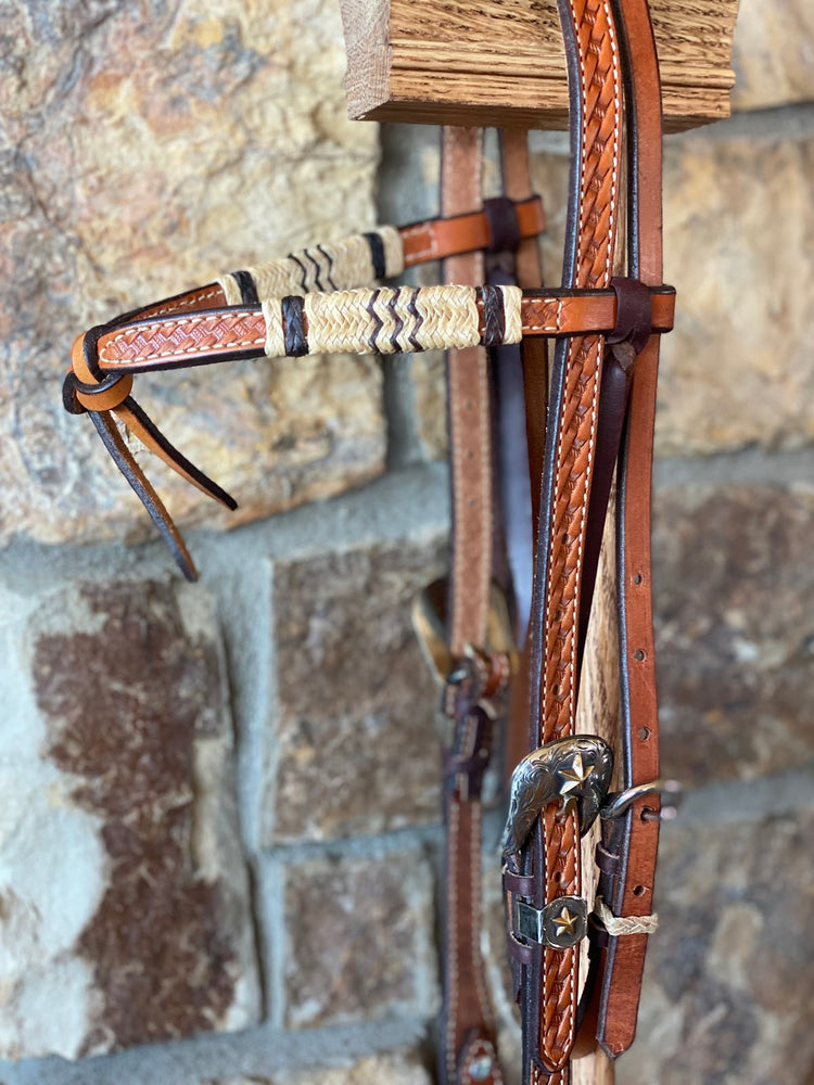 
                  
                    Stamped Rawhide Braided Tie Front Headstall with Buckles and Conchos
                  
                