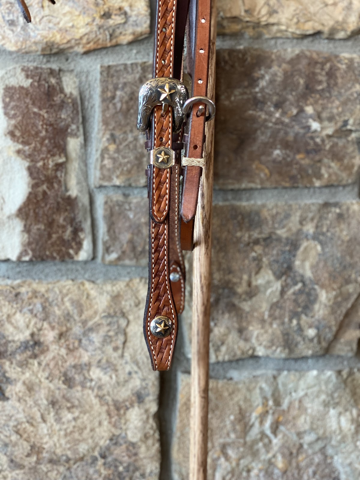 Stamped Rawhide Braided Tie Front Headstall with Buckles and Conchos