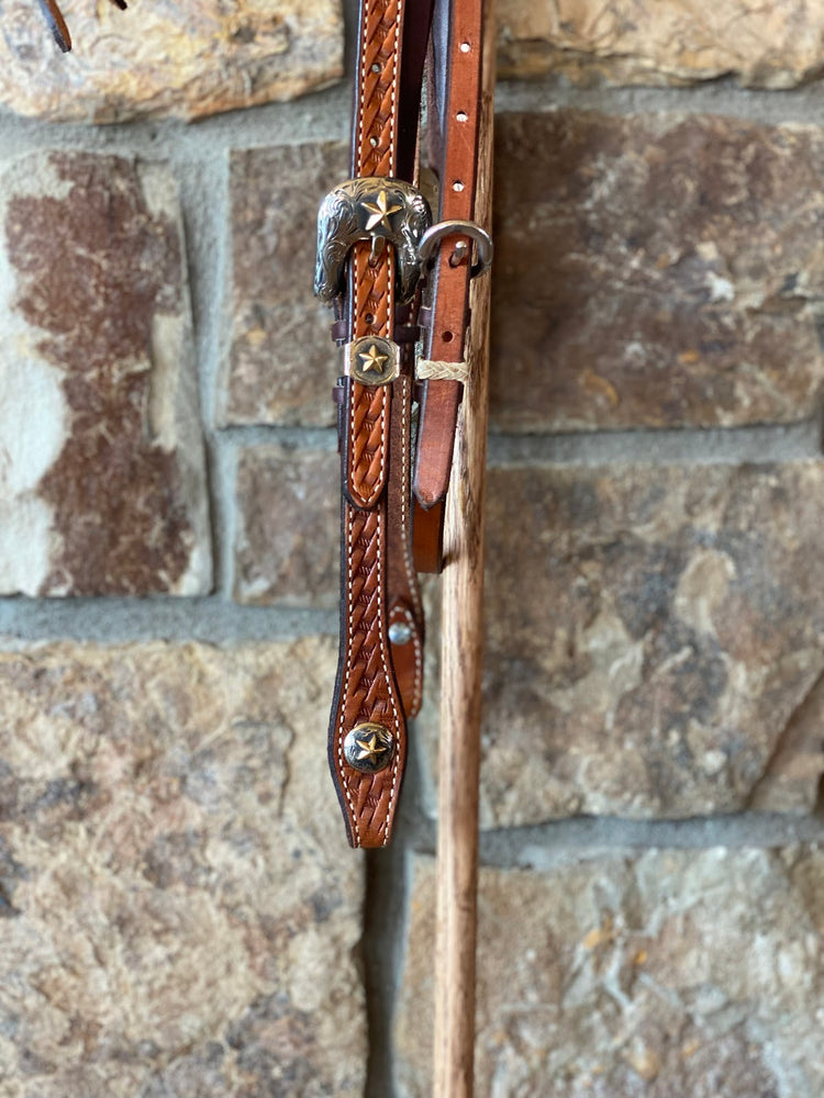 
                  
                    Stamped Rawhide Braided Tie Front Headstall with Buckles and Conchos
                  
                