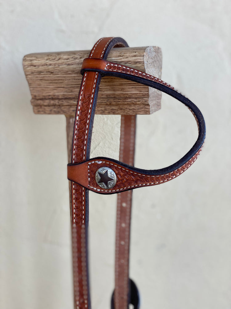 
                  
                    Stamped One Ear Headstall with Buckles and Conchos
                  
                